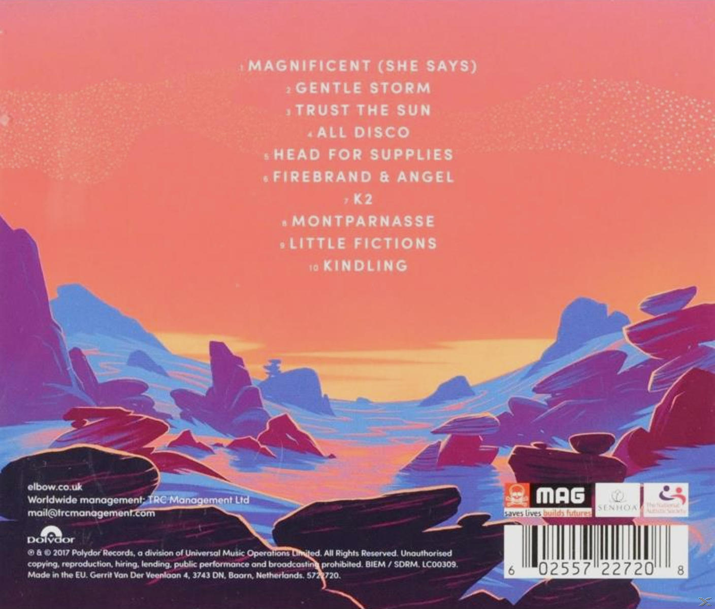 Album-Rückseite. Landschaft mit Bergen, Sonnenuntergangsfarben und einer Liste von Songtiteln.