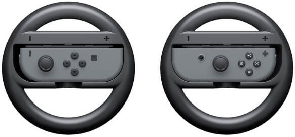 Deux volants gris Nintendo Switch avec manettes attachées. Roues noires.