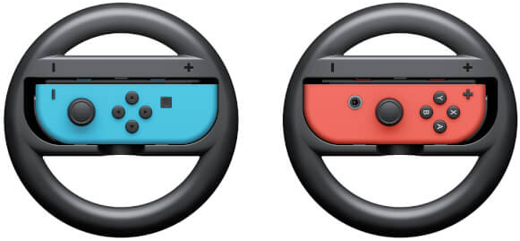 Deux accessoires de volant noirs, un avec une manette bleue et un avec une manette rouge.