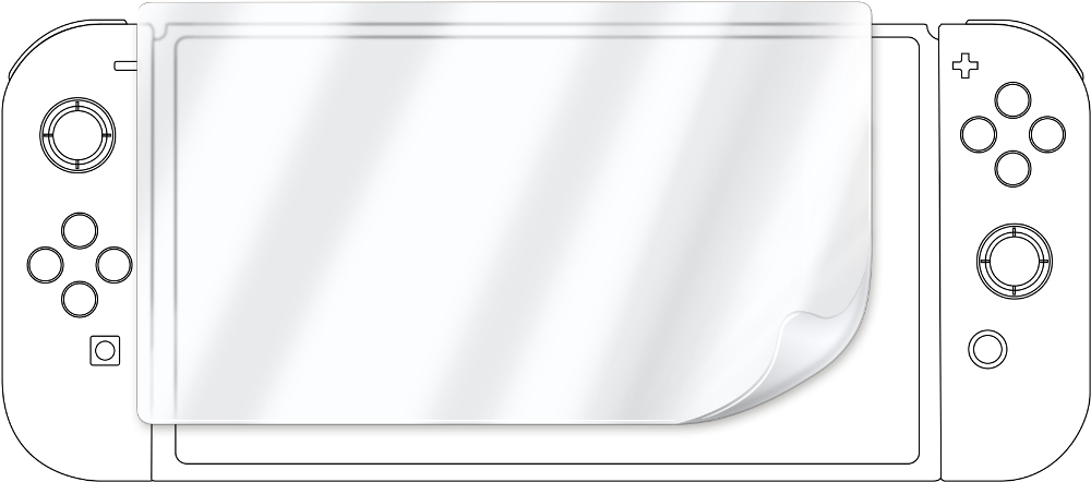 A white Nintendo Switch console with a screen protector applied, partially peeled back.