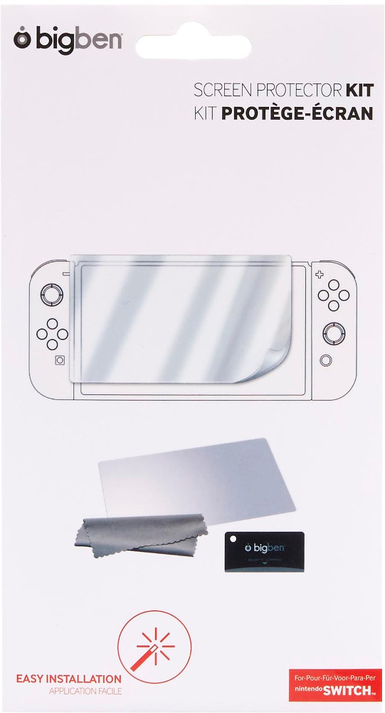 White package for a screen protector kit for a Nintendo Switch. Includes a screen protector and cleaning cloth.