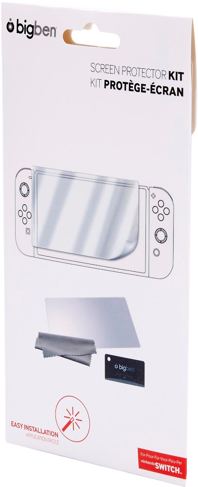 White box with bigben screen protector kit for Switch. It shows the screen and tools for installation.