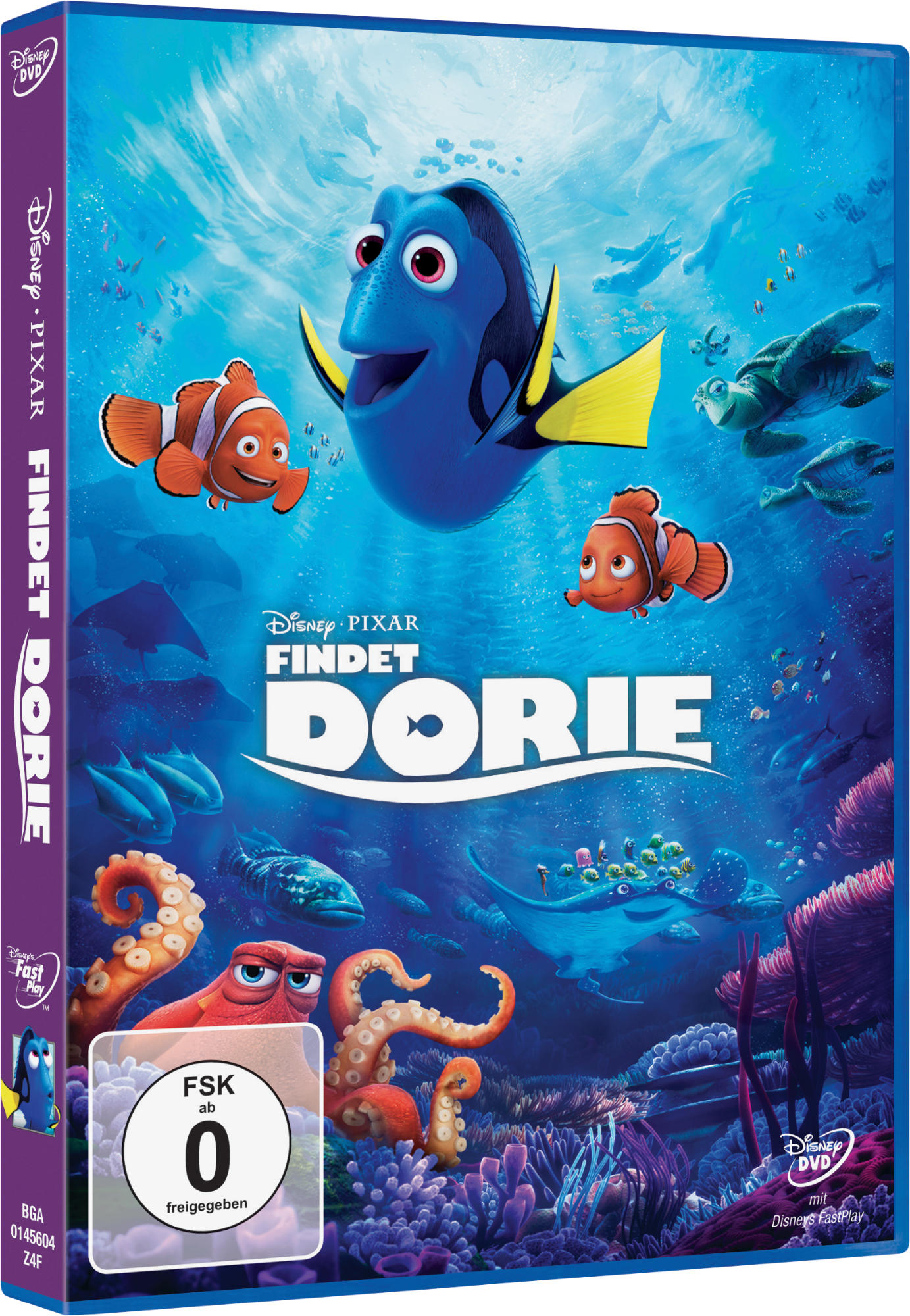 DVD-Cover von Findet Dorie. Dorie schwimmt mit Nemo und Marlin. Andere Meeresbewohner im Hintergrund.