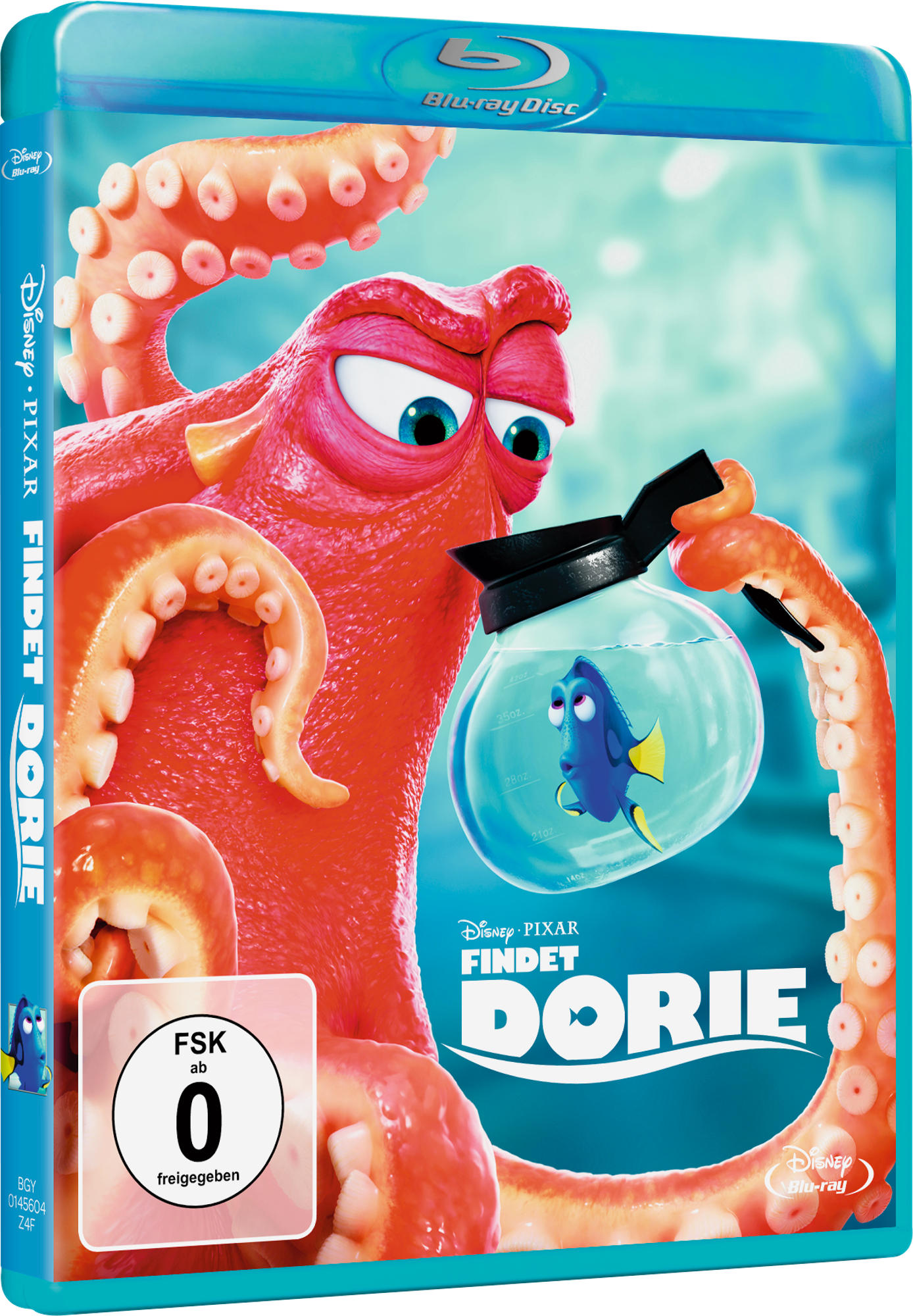 DVD-Cover von Findet Dorie. Ein Oktopus hält eine Flasche mit Dorie darin.