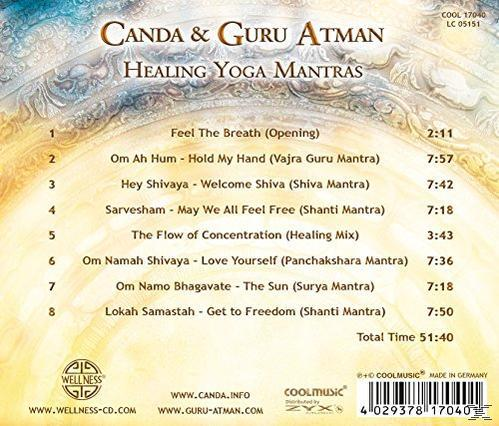 Albumcover mit Text, der Songtitel und ein Logo auflistet. Das Album heißt 'Canda & Guru Atman: Healing Yoga Mantras'.