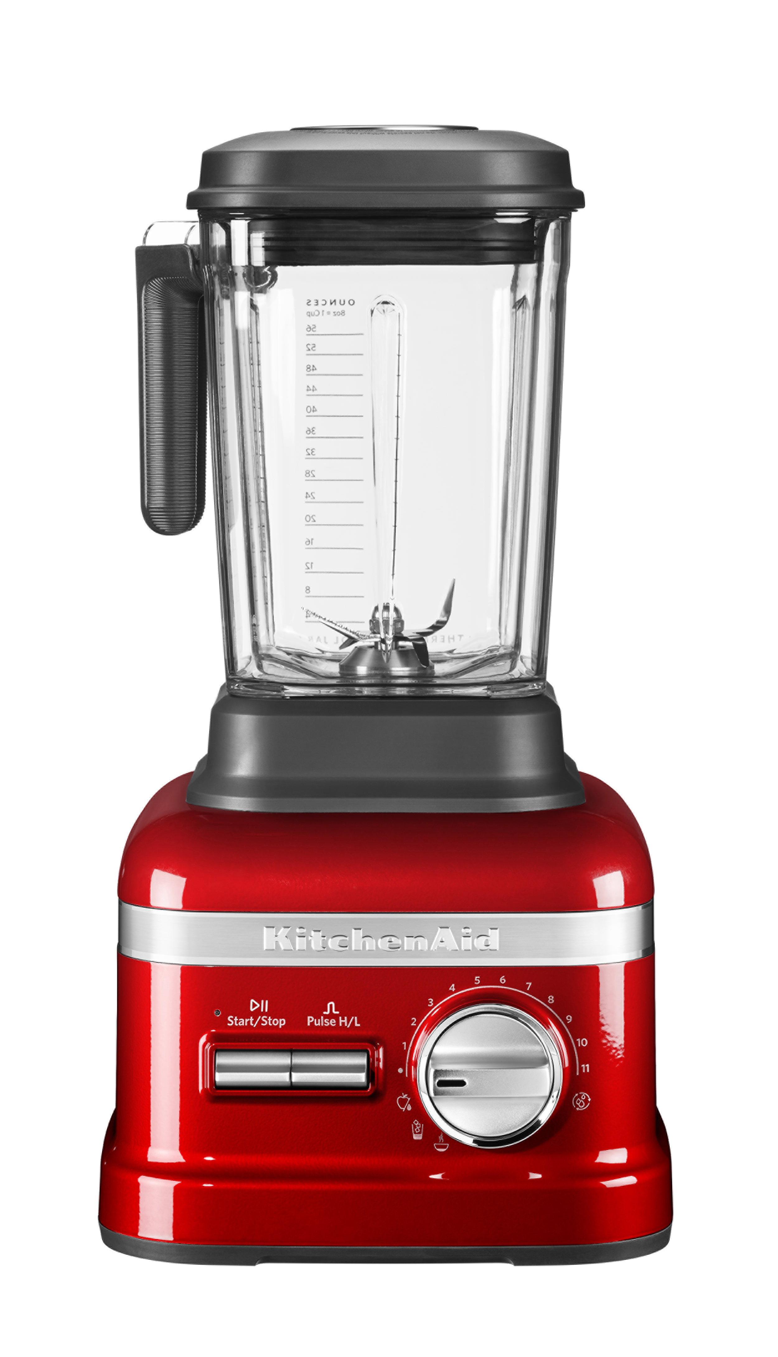 Roter KitchenAid-Mixer mit Glasbehälter und Drehzahlregler. Er hat eine Start/Stopp-Taste.