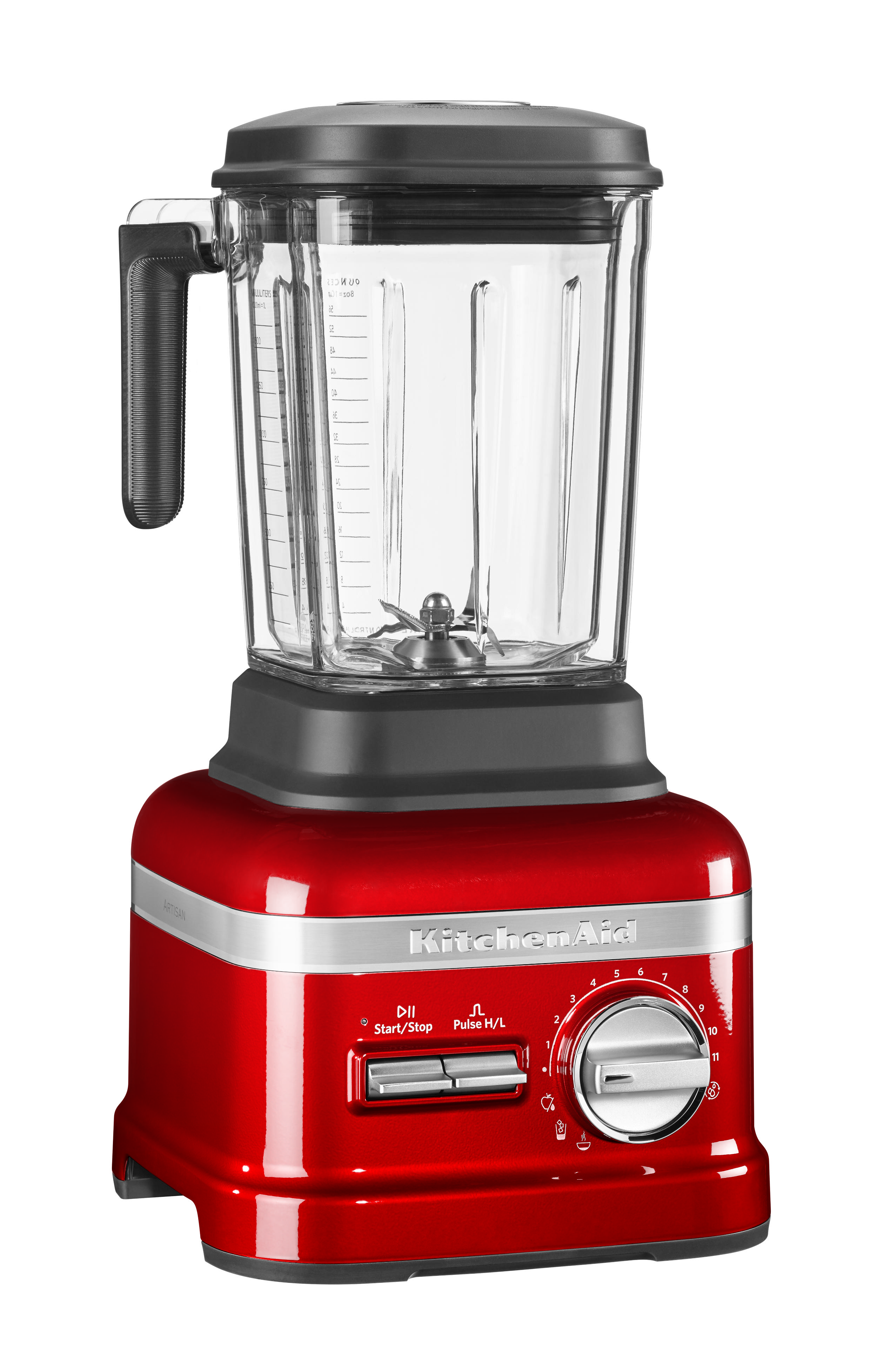Roter KitchenAid-Mixer mit schwarzem Deckel und Glasbehälter. Die Bedienelemente sind sichtbar.