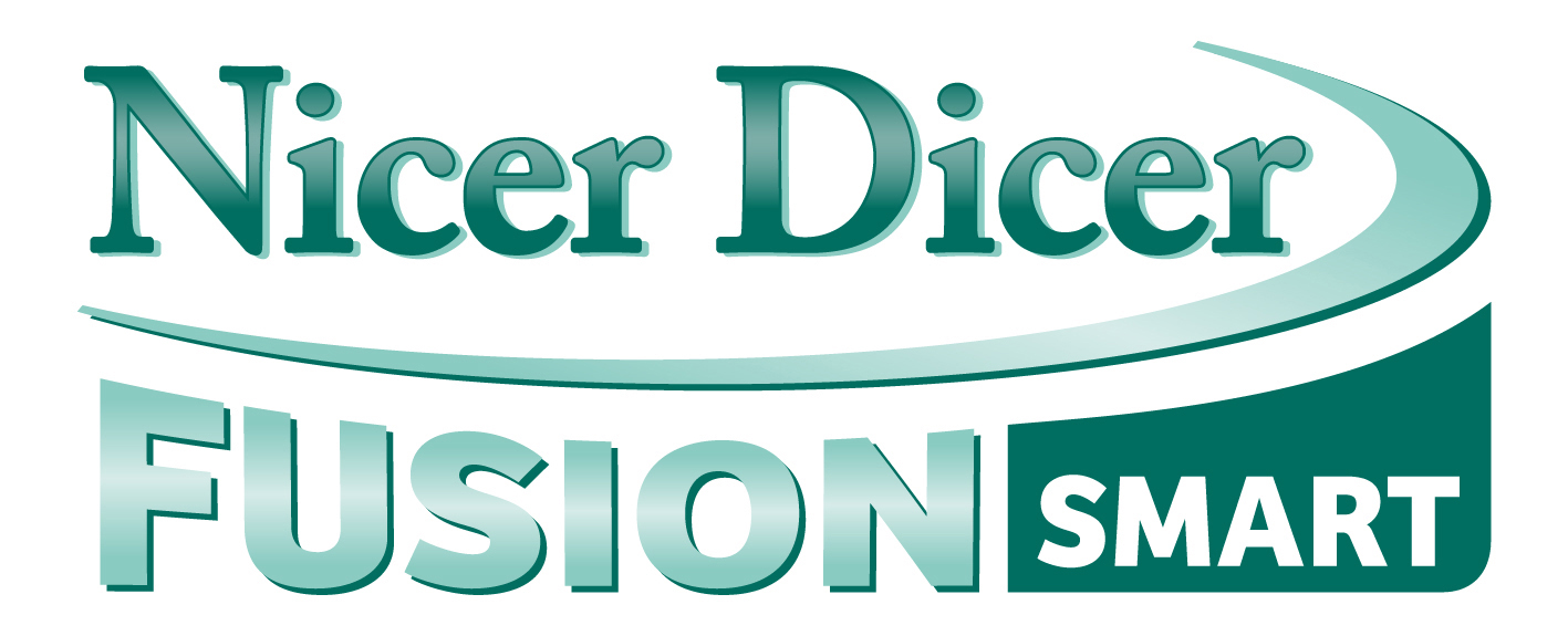 Das Bild zeigt den Text "Nicer Dicer FUSION SMART" auf grünem Hintergrund.