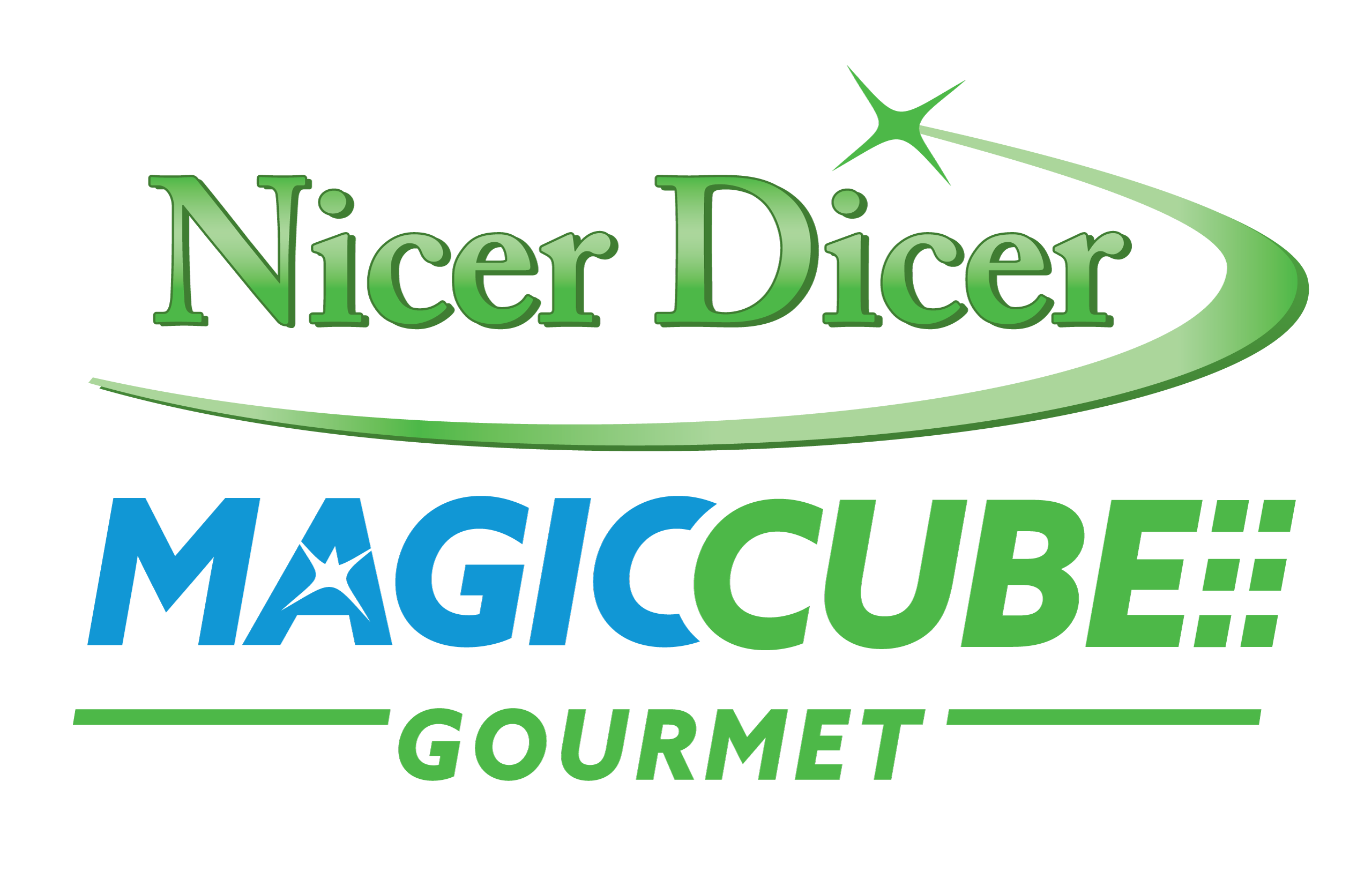 Logo mit Text 'Nicer Dicer' über 'MAGIC CUBE' und 'GOURMET' auf schwarzem Hintergrund.