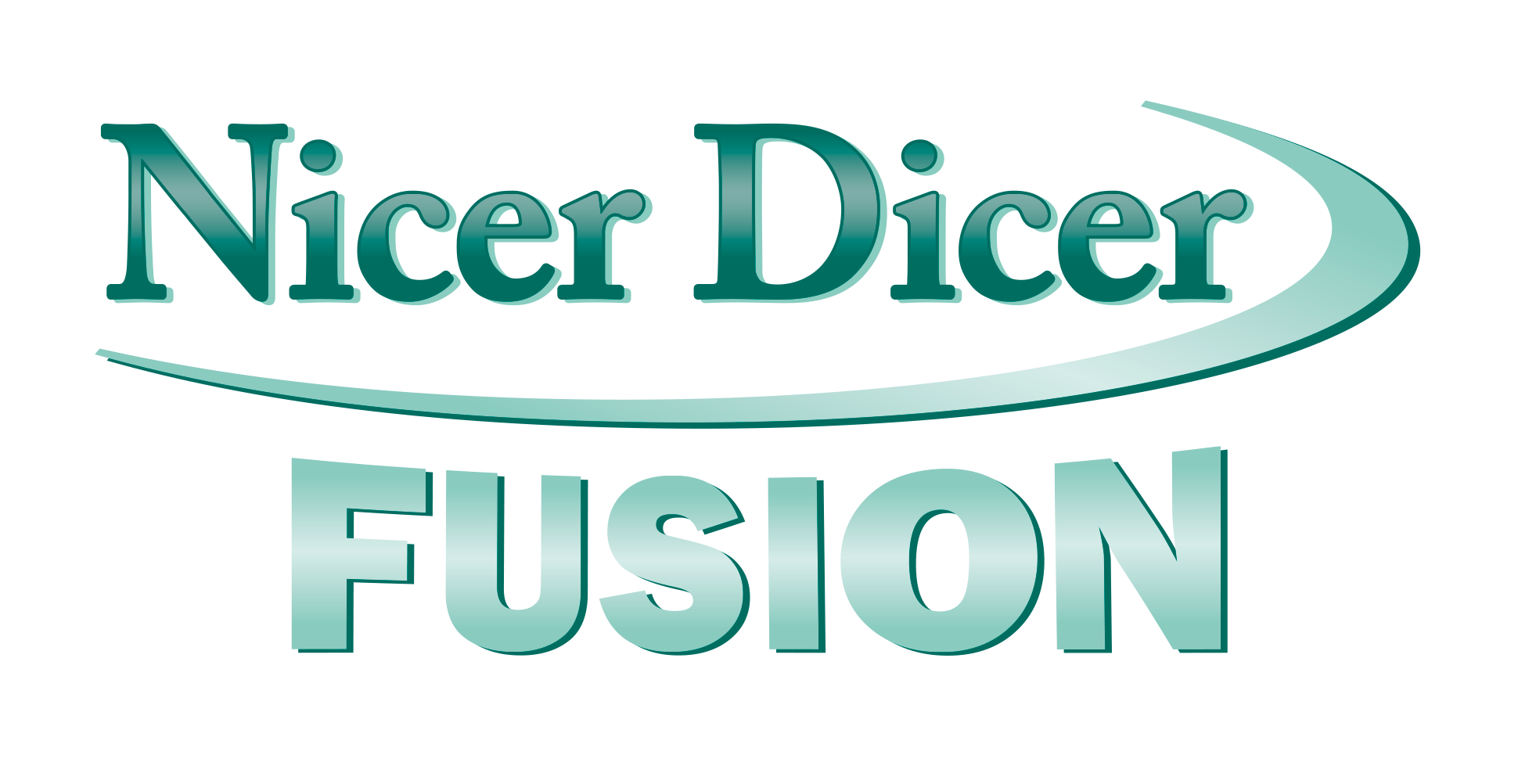 Nicer Dicer Fusion Logo, türkisfarbener Text und geschwungene Linien, schwarzer Hintergrund. Wort FUSION prominent.
