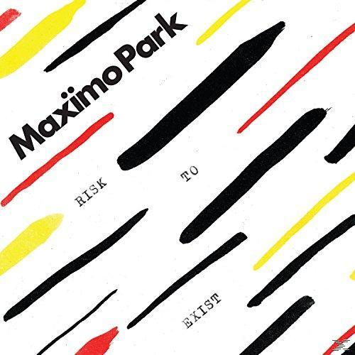 Albumcover mit schwarzen, gelben und roten Pinselstrichen auf Weiß. Text enthält 'Maximo Park', 'Risk', 'To' und 'Exist'.