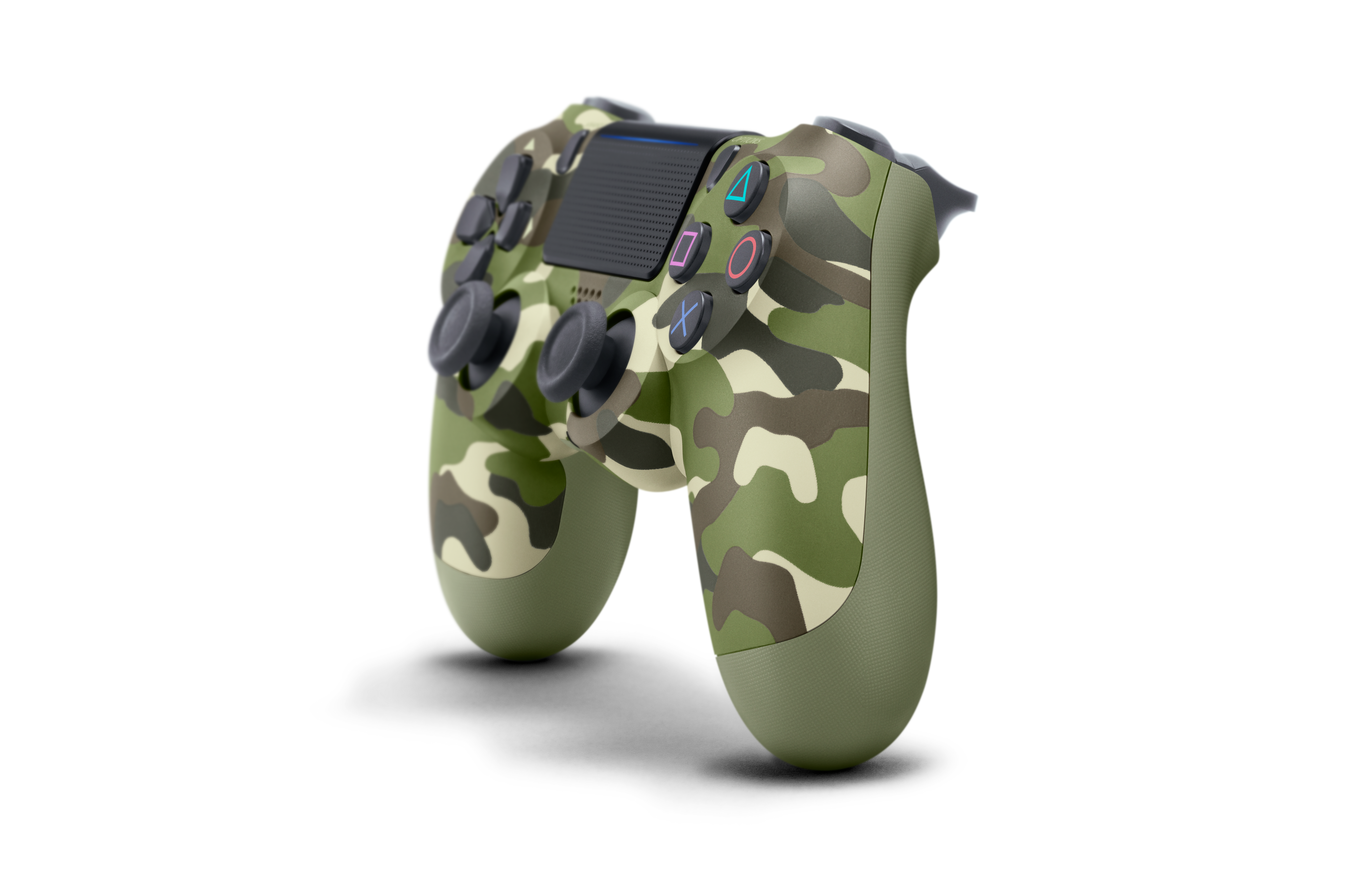 Groene camouflage PlayStation 4 controller. De knoppen en joysticks zijn zwart.