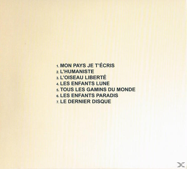 Achterkant van album met tracklist in het Frans, op beige achtergrond. Tekst in zwart.