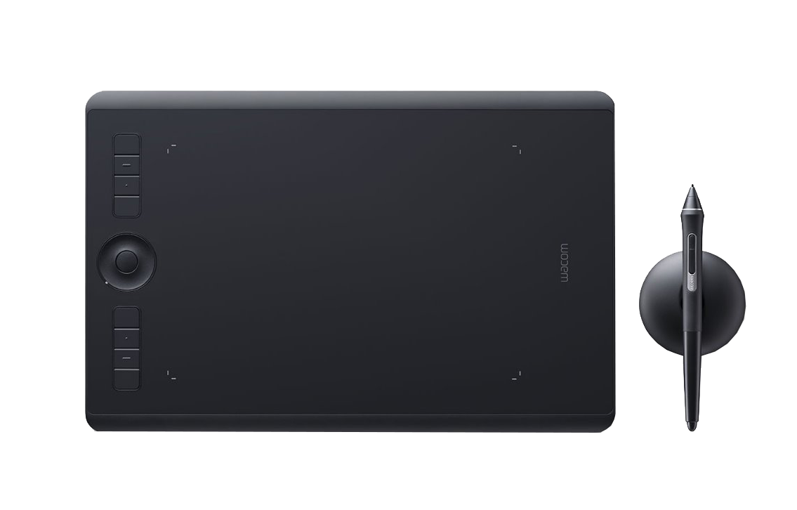 Ein schwarzes Wacom-Zeichentablett mit Stift und Stifthalter auf schwarzem Hintergrund.