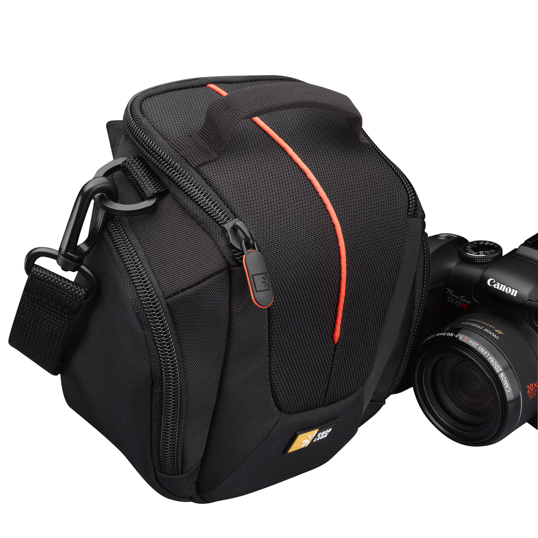 Black camera bag with an orange stripe, and a black strap.  A camera is visible to the right.