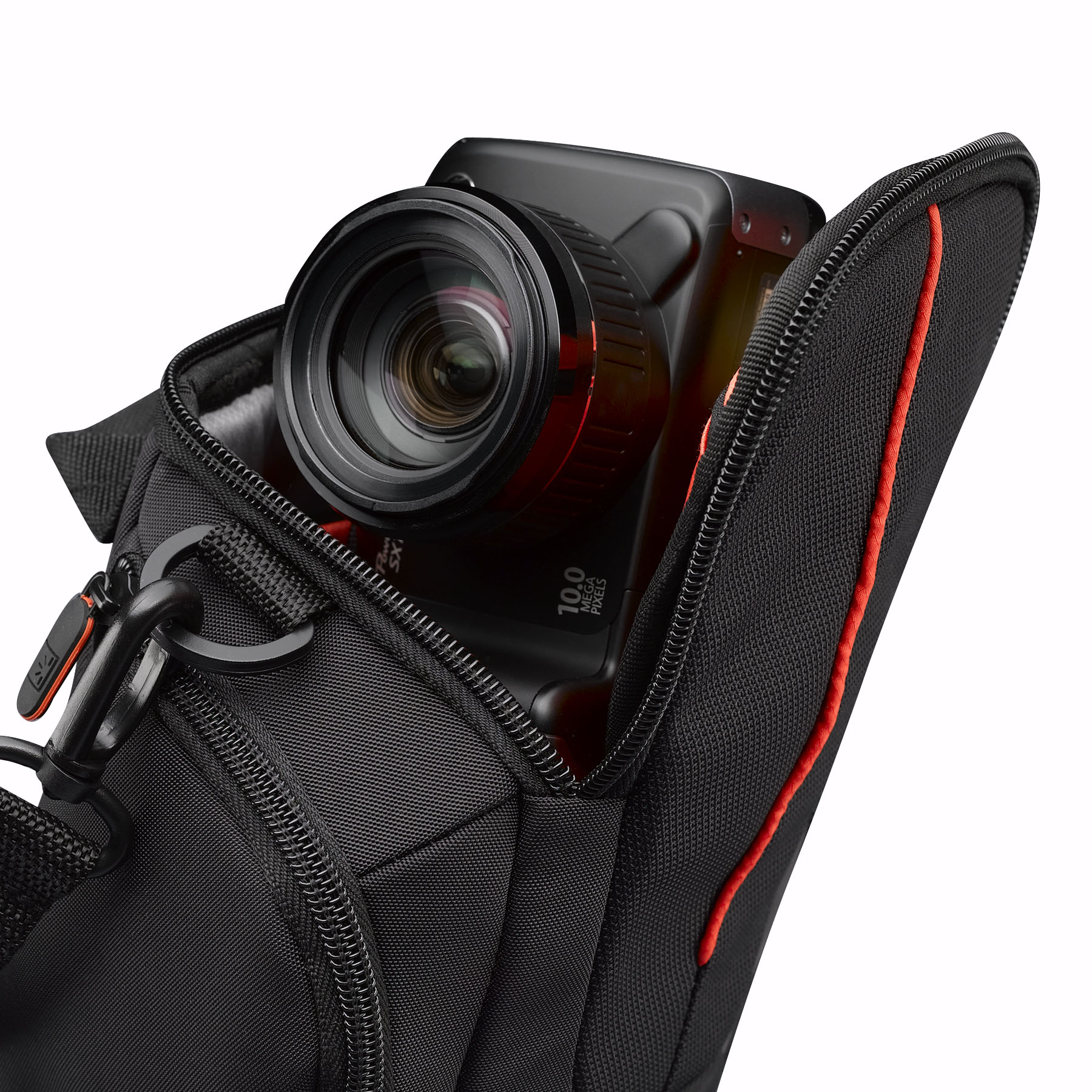 A black camera in a black and red case. The camera lens is visible, pointing forward.