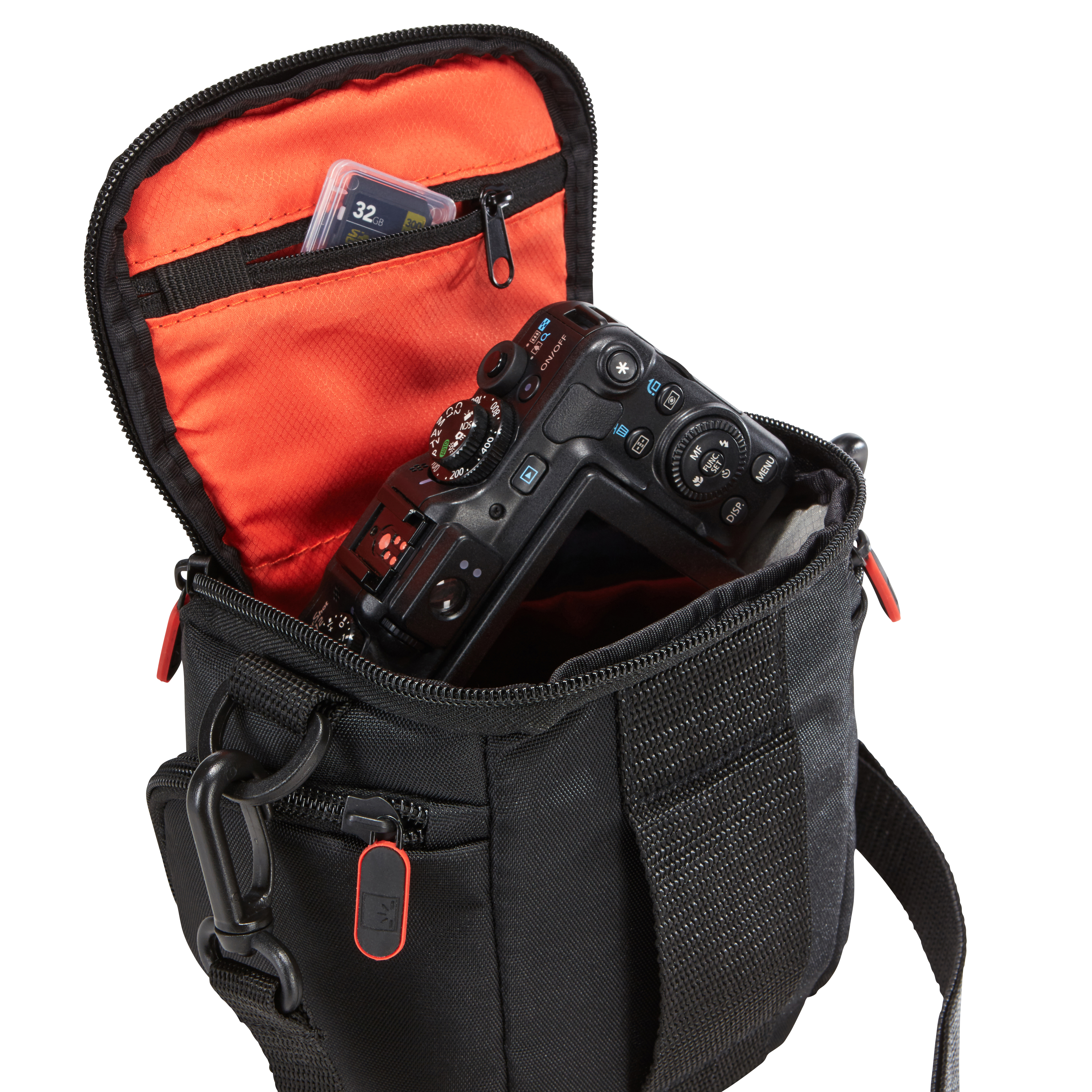 Black camera bag with a camera inside, a SD card, and an orange interior against a white background.