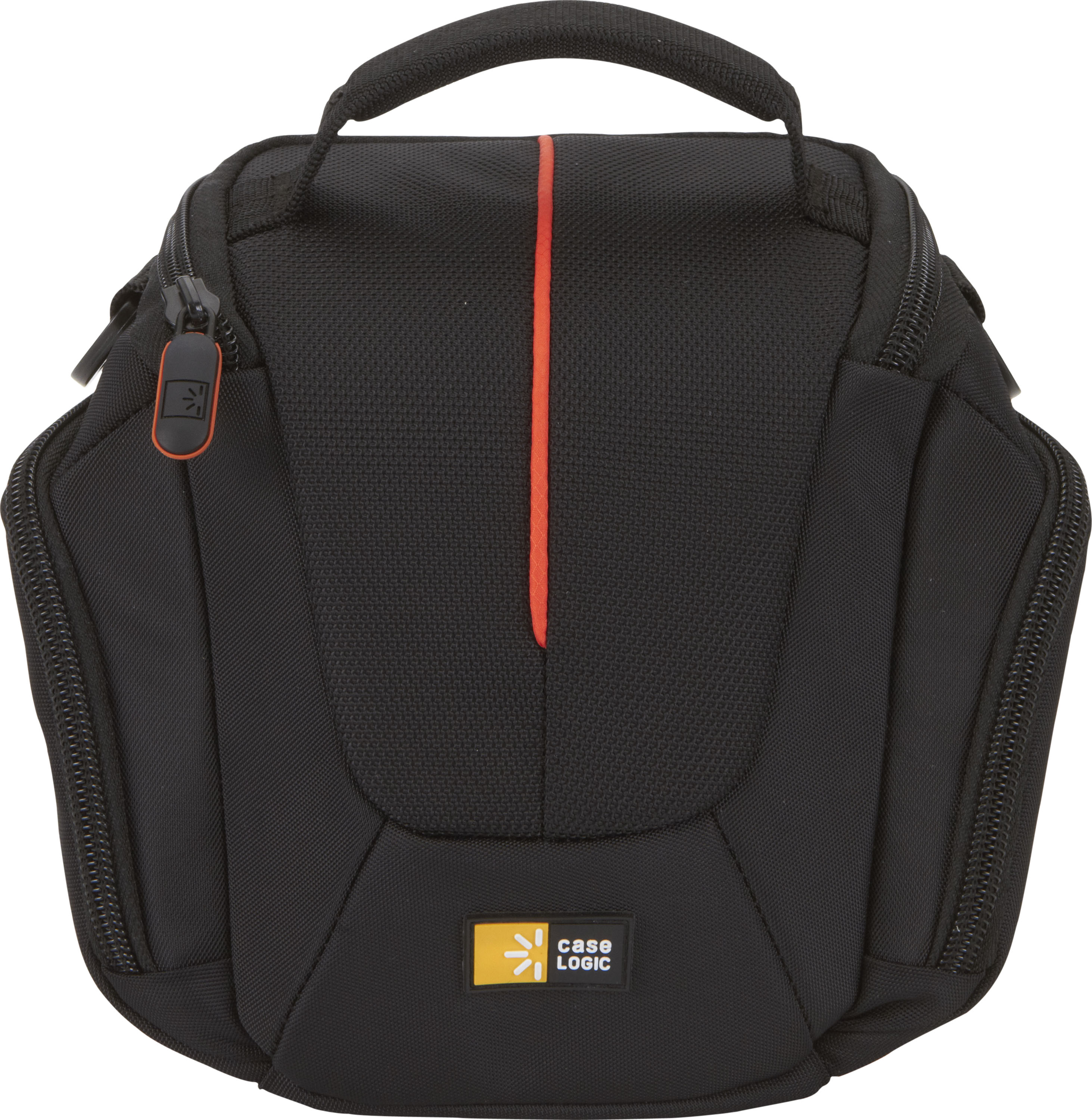 Black camera bag with orange zipper pull and a red stripe. Case Logic logo is visible.