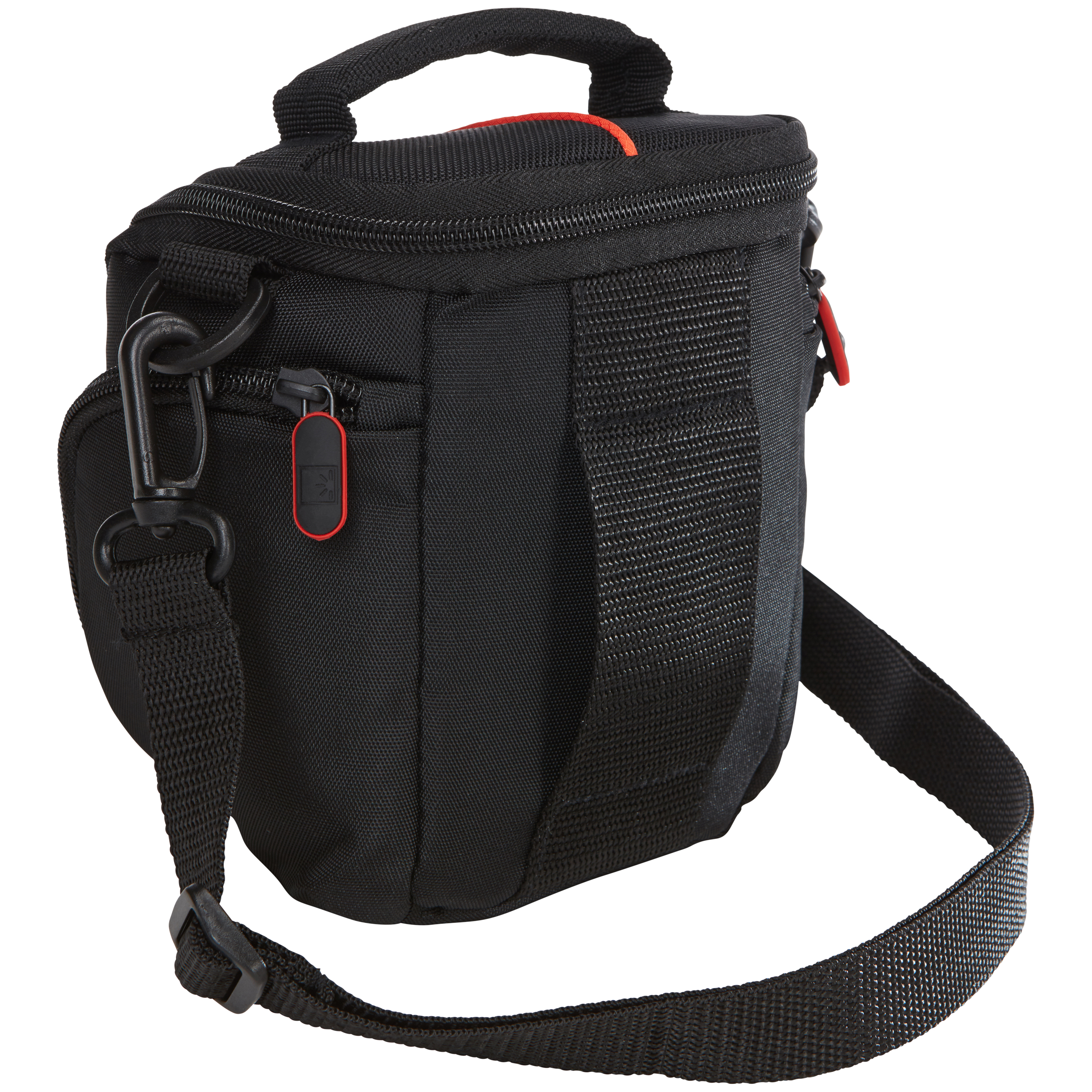 Black camera bag with a shoulder strap, side view. Red zipper detail.
