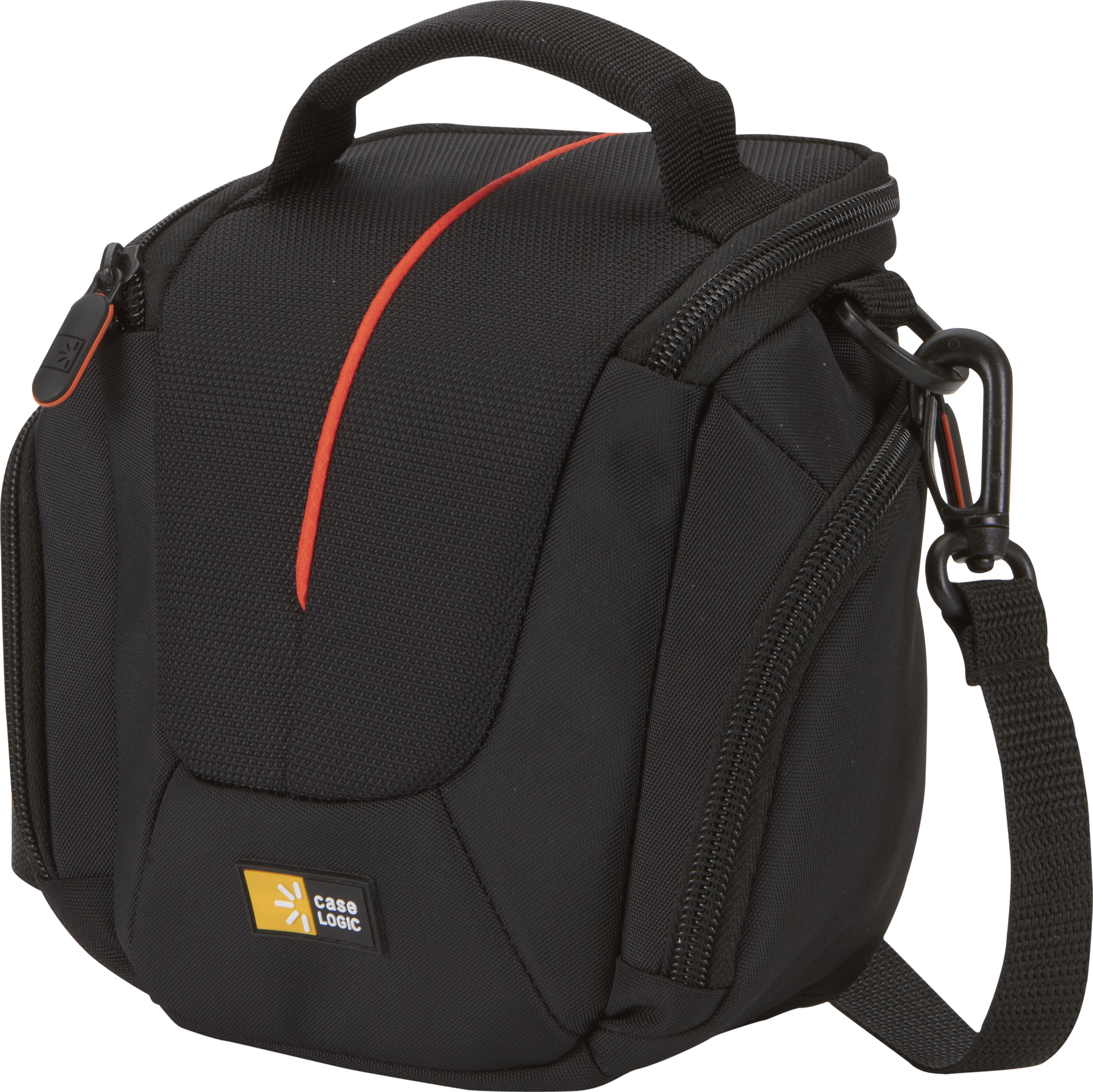 Black camera bag with a red stripe and handle, shoulder strap attached.
