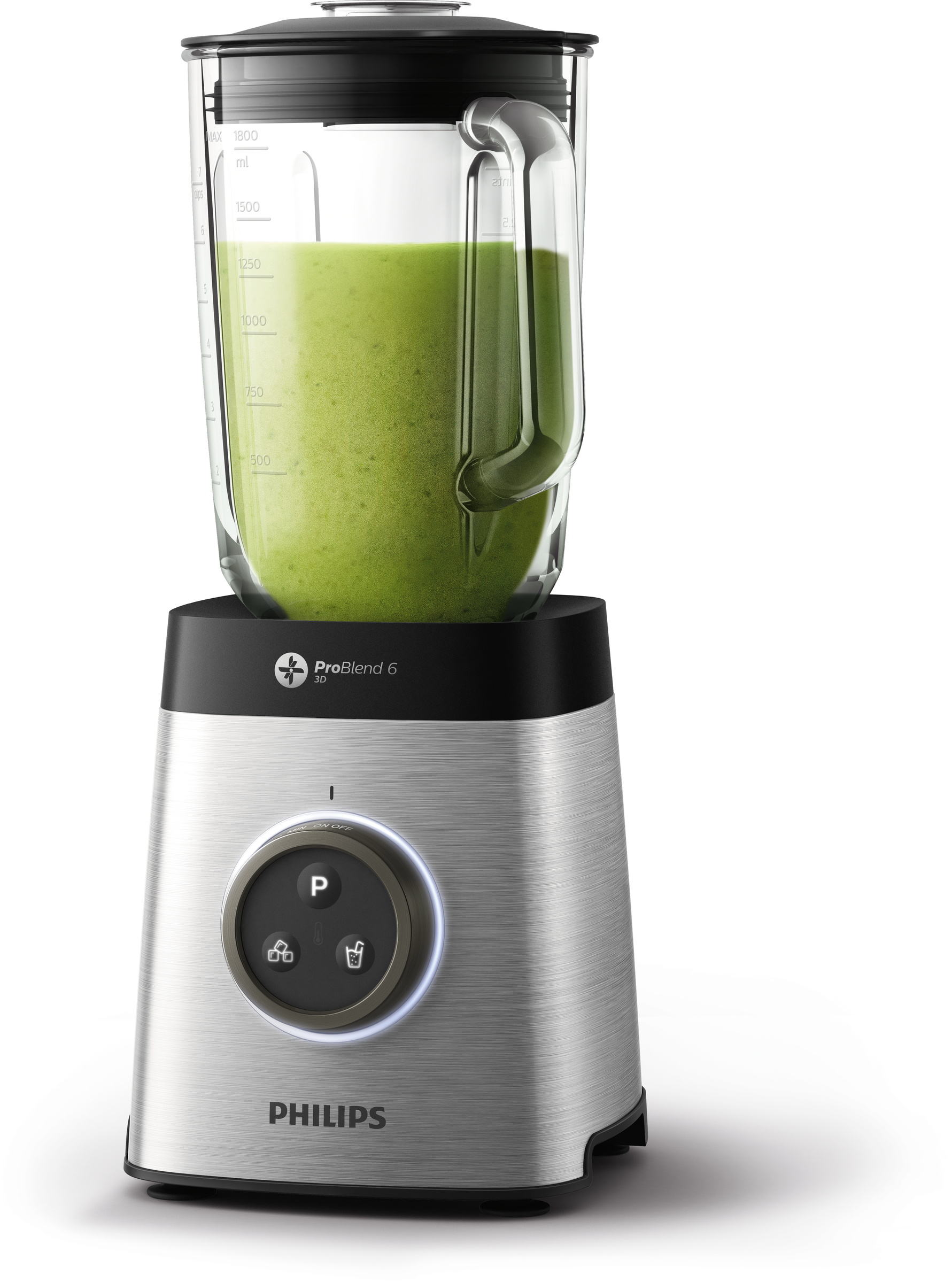 Zilveren Philips-blender met groene smoothie erin. Witte achtergrond.