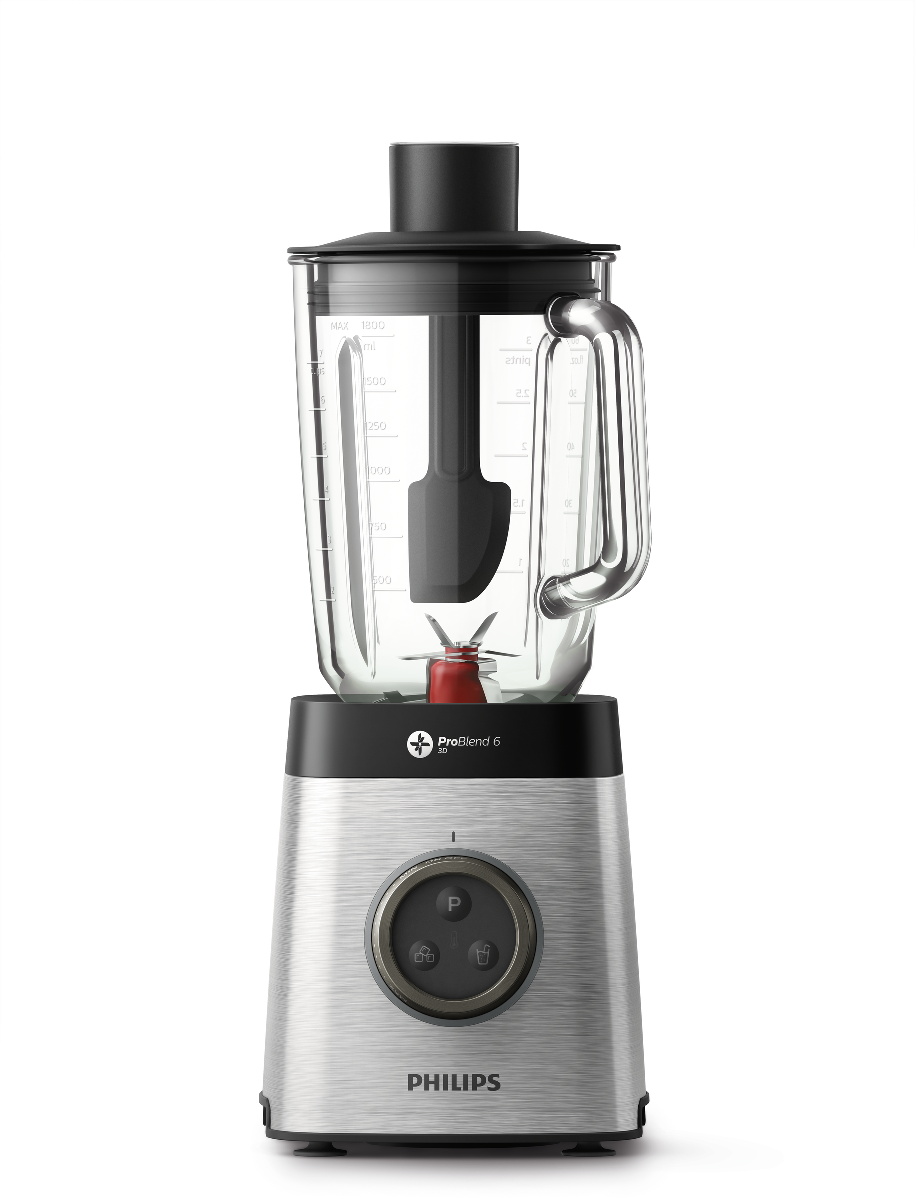 Een zilver-zwarte Philips ProBlend 6 blender. Het heeft een glazen kan en een mes binnenin.