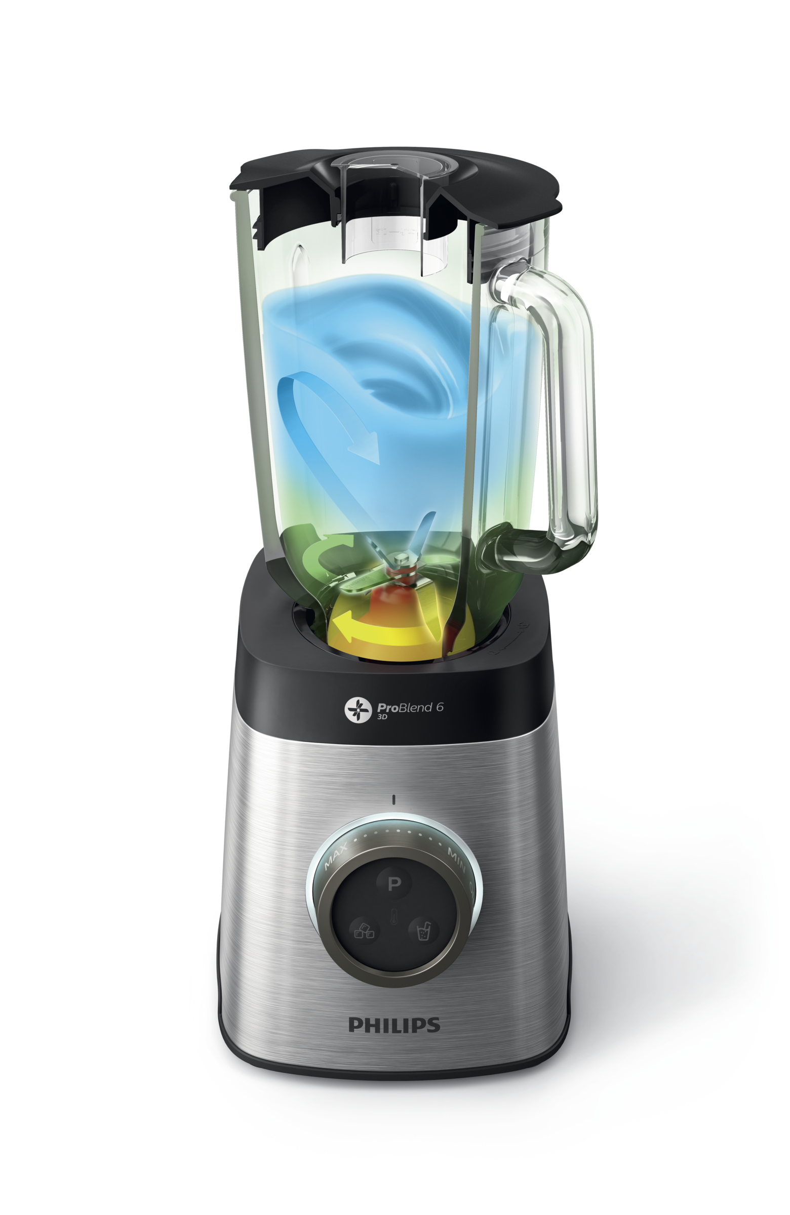 Een Philips-blender, doorsnede met de interne onderdelen. Water is zichtbaar in de blender.