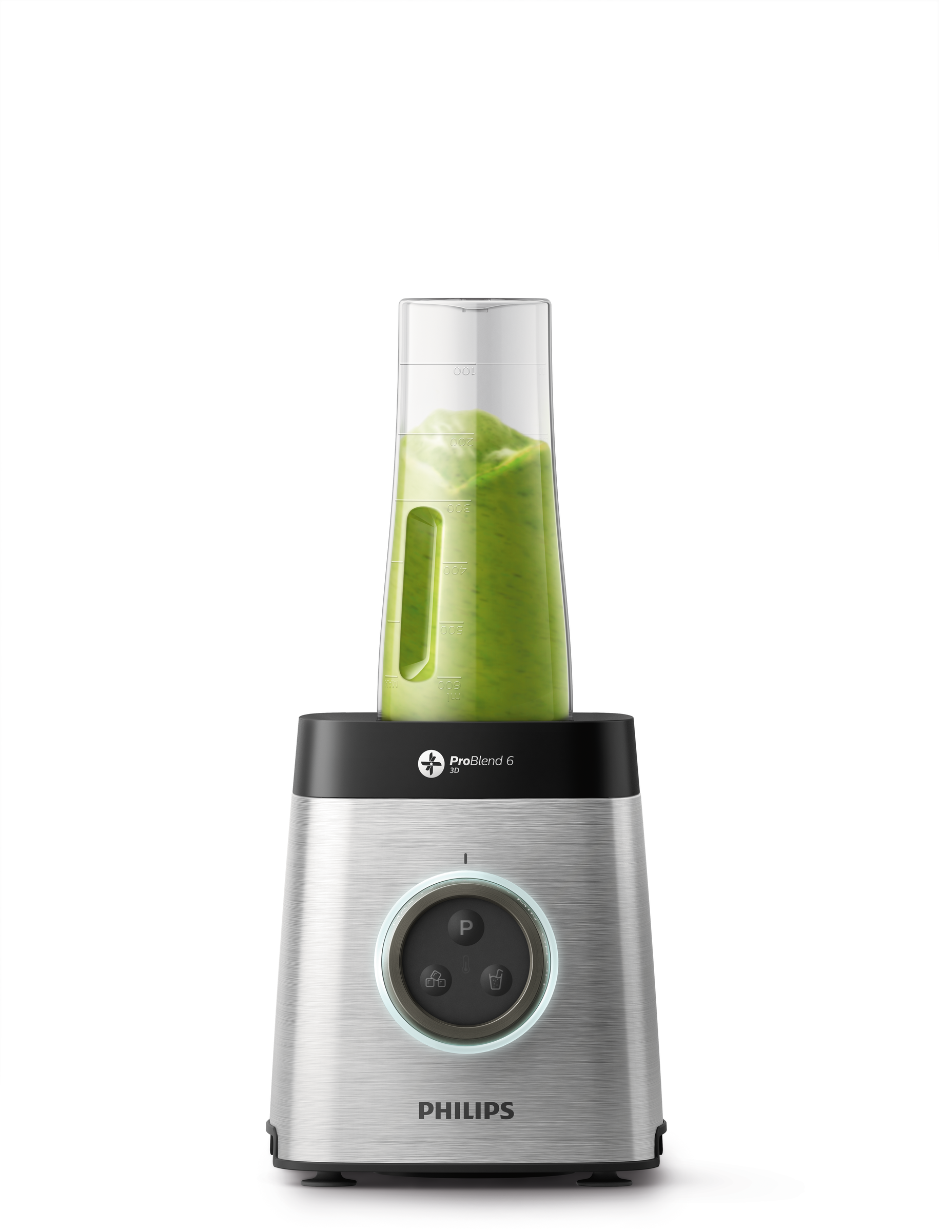Een zilver-zwarte blender met een doorzichtige container gevuld met groene vloeistof.