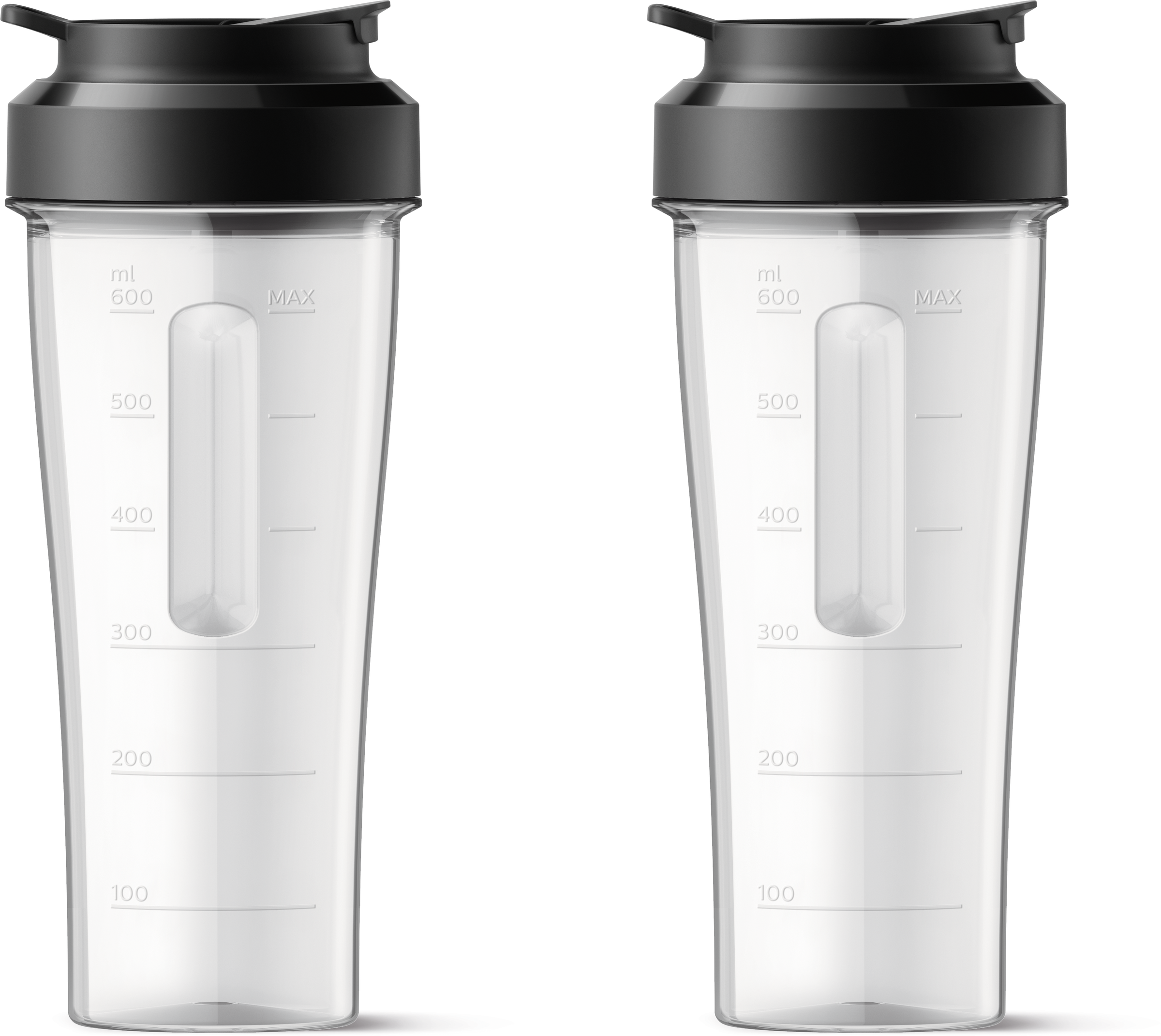 Twee doorzichtige plastic shakers met zwarte deksels. Afstudeermarkeringen aan de zijkant.