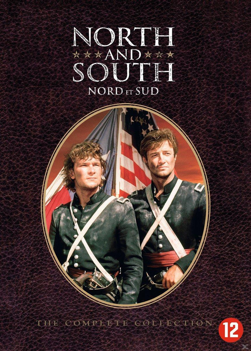 Couverture de film : Deux hommes en uniforme militaire, fond de drapeau, titre 'Nord et Sud'.