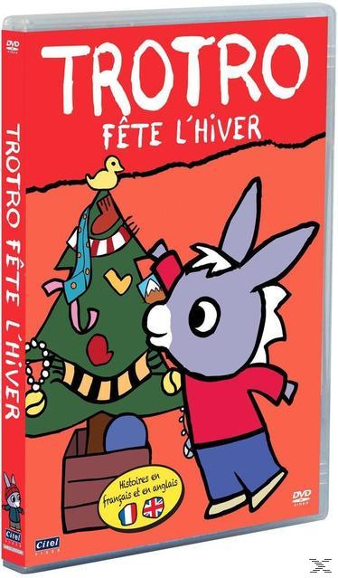DVD case, Trotro cartoon, donkey character, Christmas tree illustration, red background.