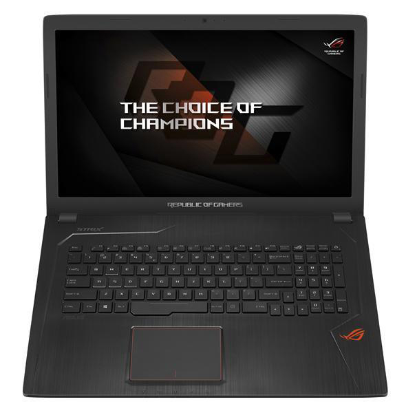 Ein schwarzer Laptop mit dem Text "THE CHOICE OF CHAMPIONS" auf dem Bildschirm. Es ist ein Republic of Gamers-Modell.