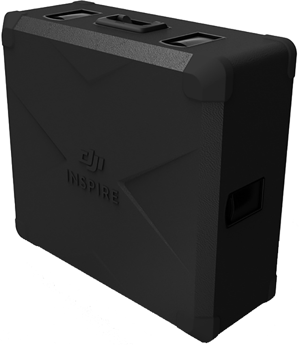 Zwarte DJI Inspire koffer. Schuine zijkanten, handvat bovenop. DJI Inspire logo.