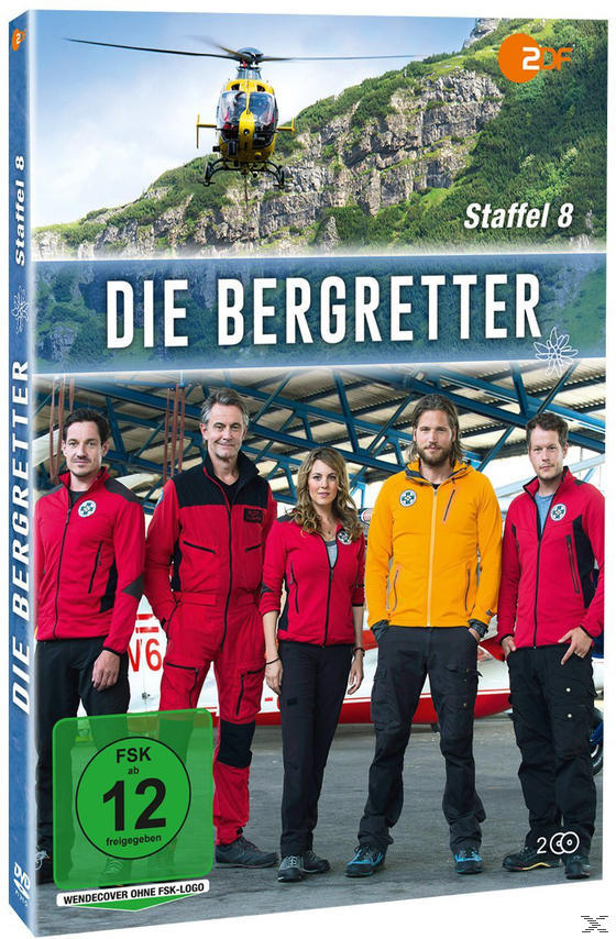 DVD-Cover von 'Die Bergretter' mit Schauspielern und Hubschrauber vor Bergkulisse.