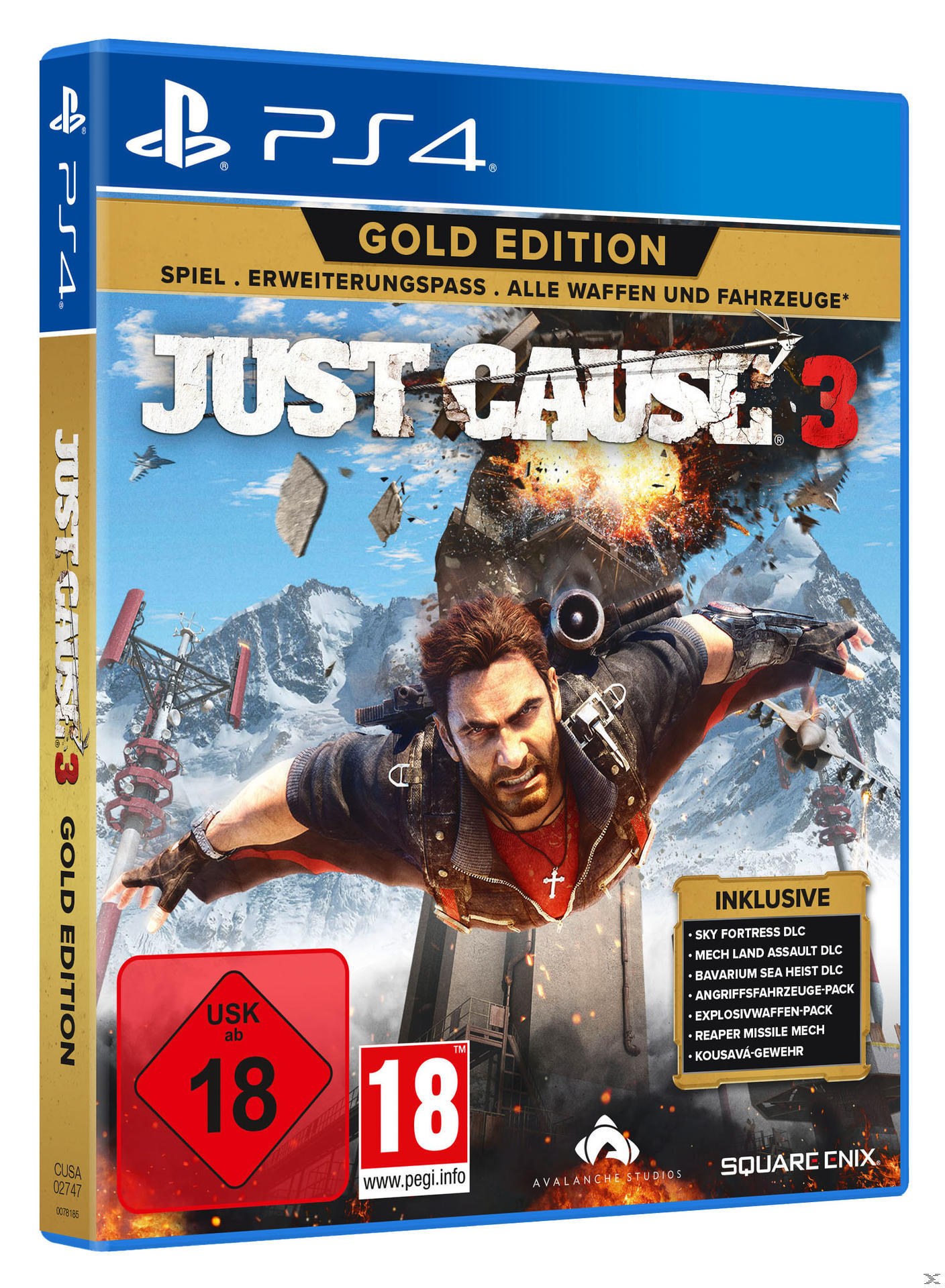 Videospiel-Cover mit einem Mann in der Luft, Text und Logos. Das Spiel heißt „Just Cause 3“.