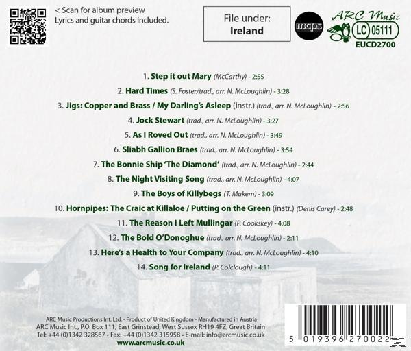 Rückseite einer CD mit Titelliste und einer Berglandschaftsillustration. Text in Schwarz.