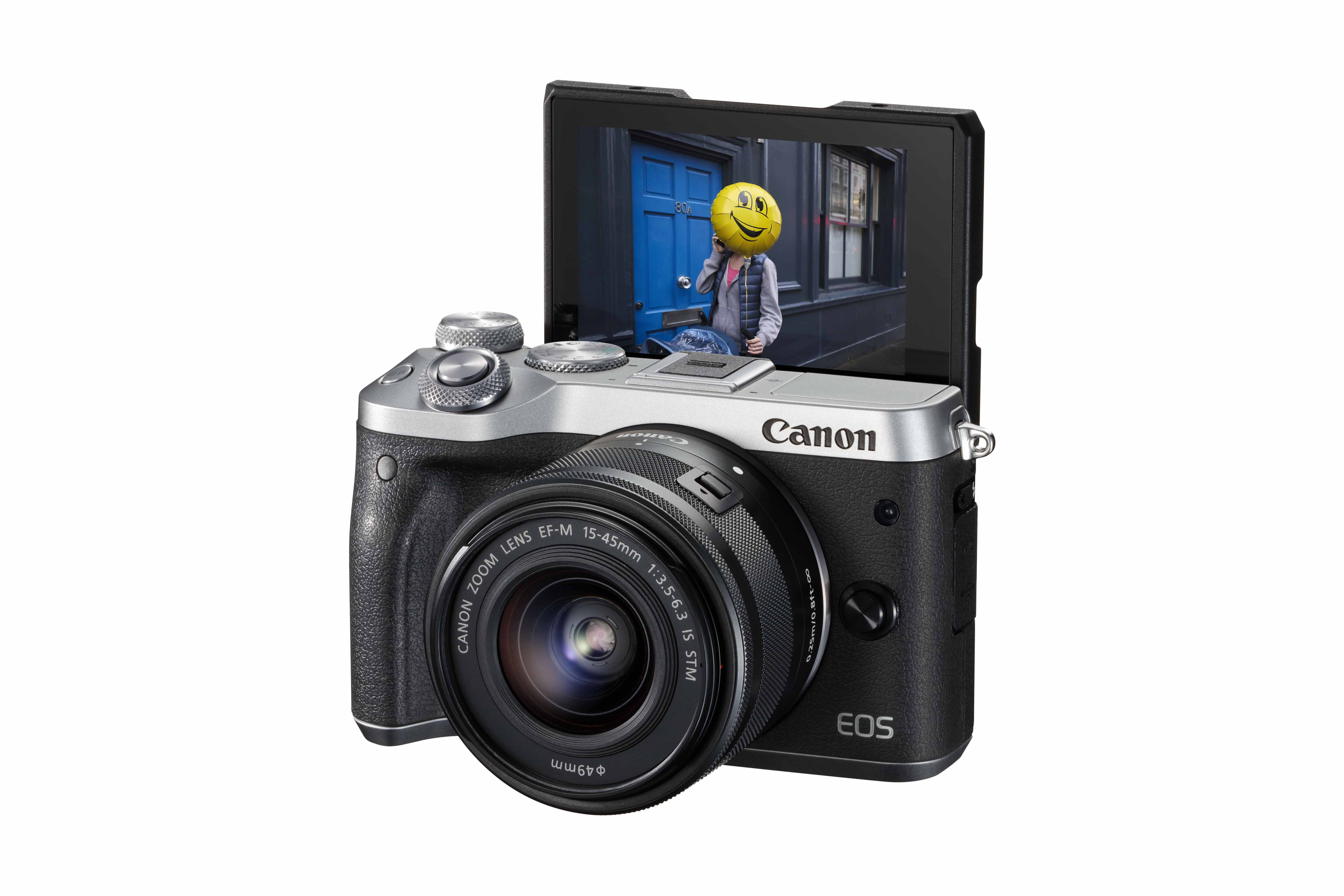 Canon camera met een scherm dat een persoon met een smiley-gezichtsmasker toont. Witte achtergrond.