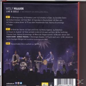 Rückseite des Live & Seele Albums von Wolf Maahn, Trackliste und Bandmitglieder sichtbar.