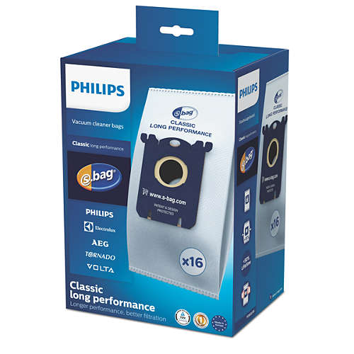 Philips vacuum cleaner bags box. White and blue with text and logos.