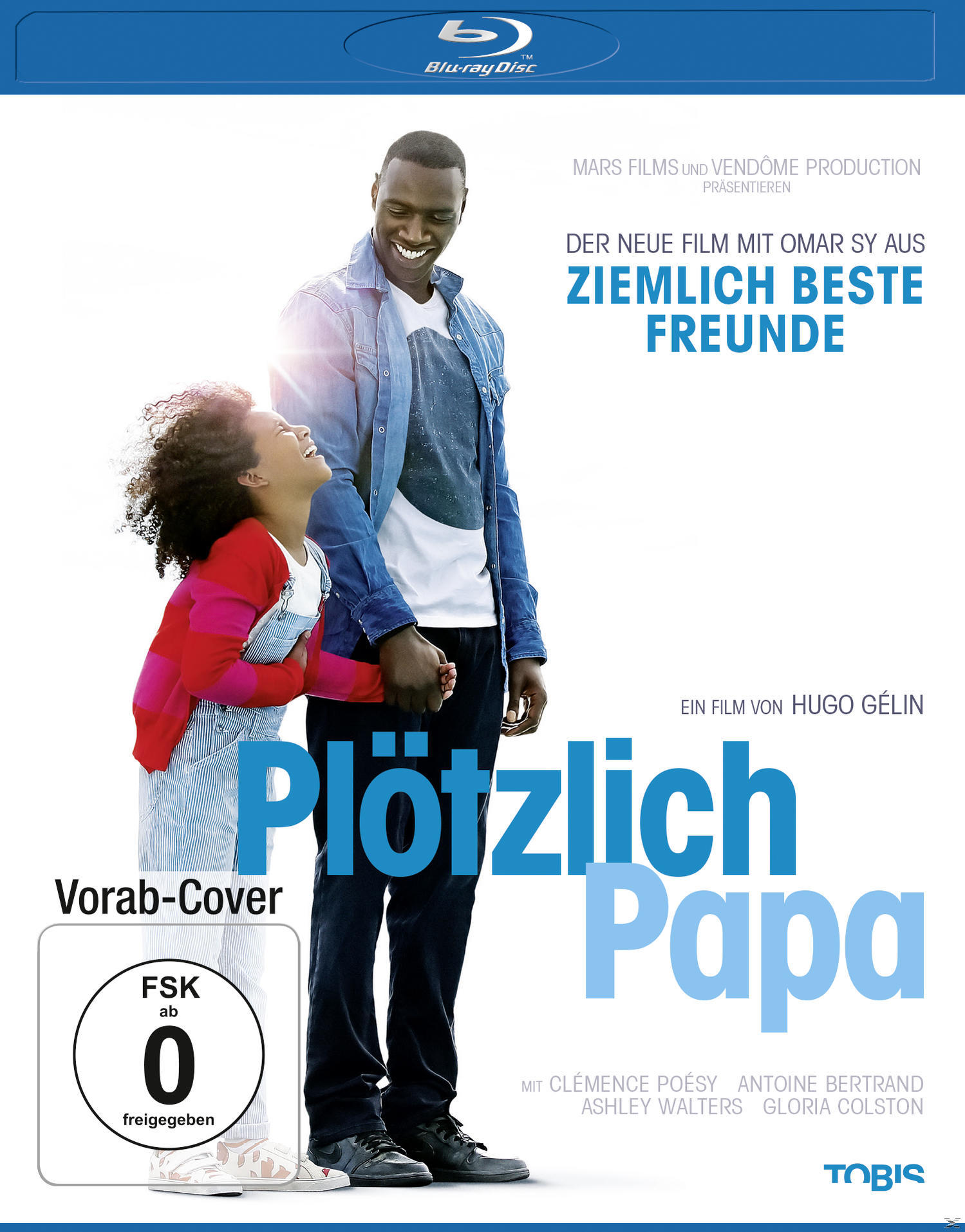 Filmcover: Mann und Mädchen, Text 'Plötzlich Papa'. Blaue Blu-ray-Disc-Label mit Text oben.