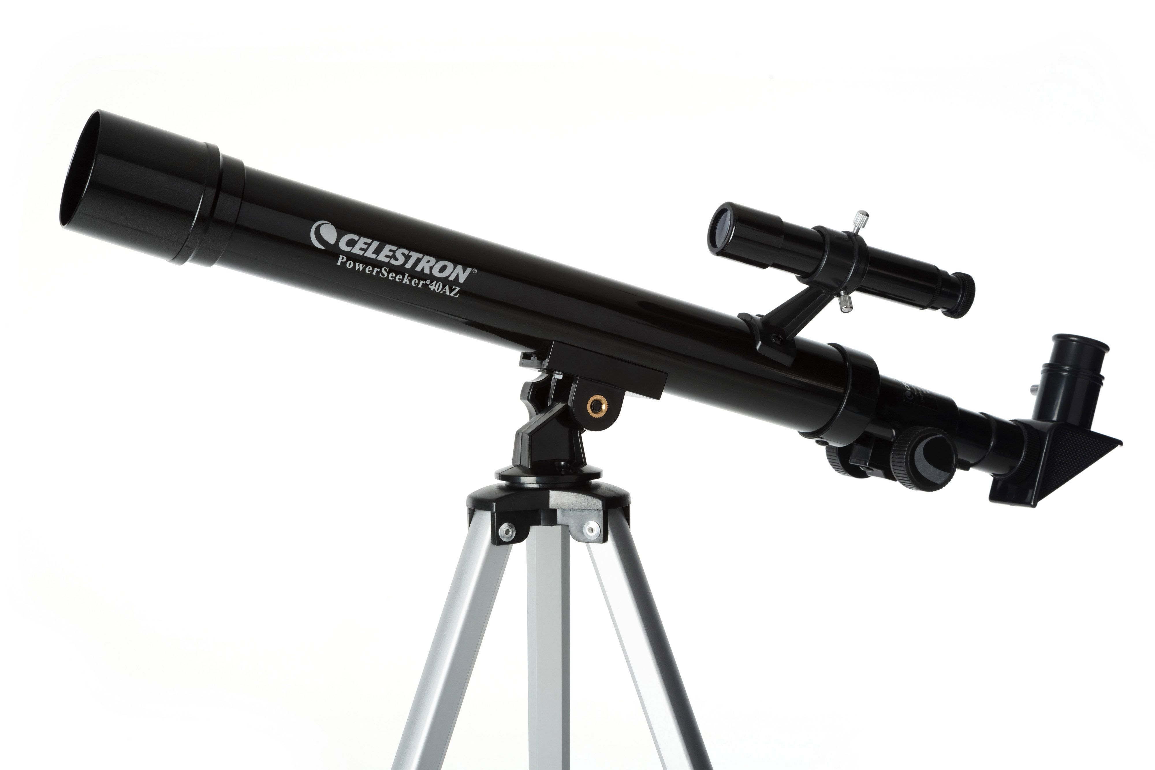 Schwarzes Celestron-Teleskop auf Stativ, vor weißem Hintergrund. Enthält ein kleineres Teleskop und Einstellknöpfe.