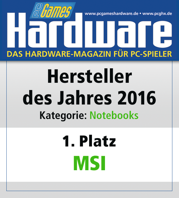 Auszeichnung für 'Hersteller des Jahres 2016' mit 'Notebooks' Kategorie und MSI Logo.