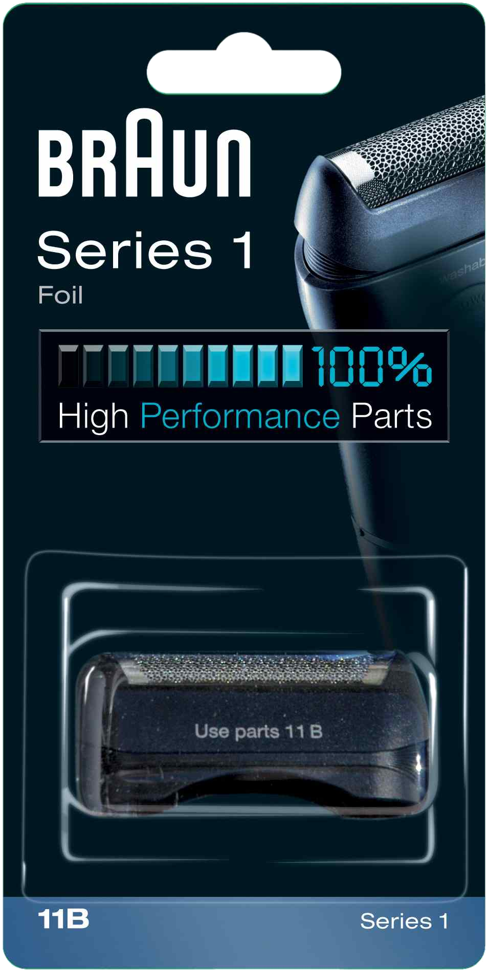 Braun Series 1 fóliás borotva cserealkatrészek buborékcsomagolásban. Fekete-szürke design.