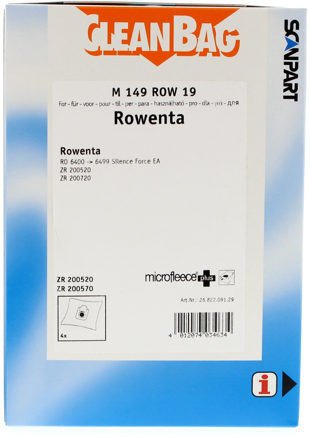 Verpakking stofzuigerzak, witte achtergrond. Merk Rowenta, productdetails en barcode.