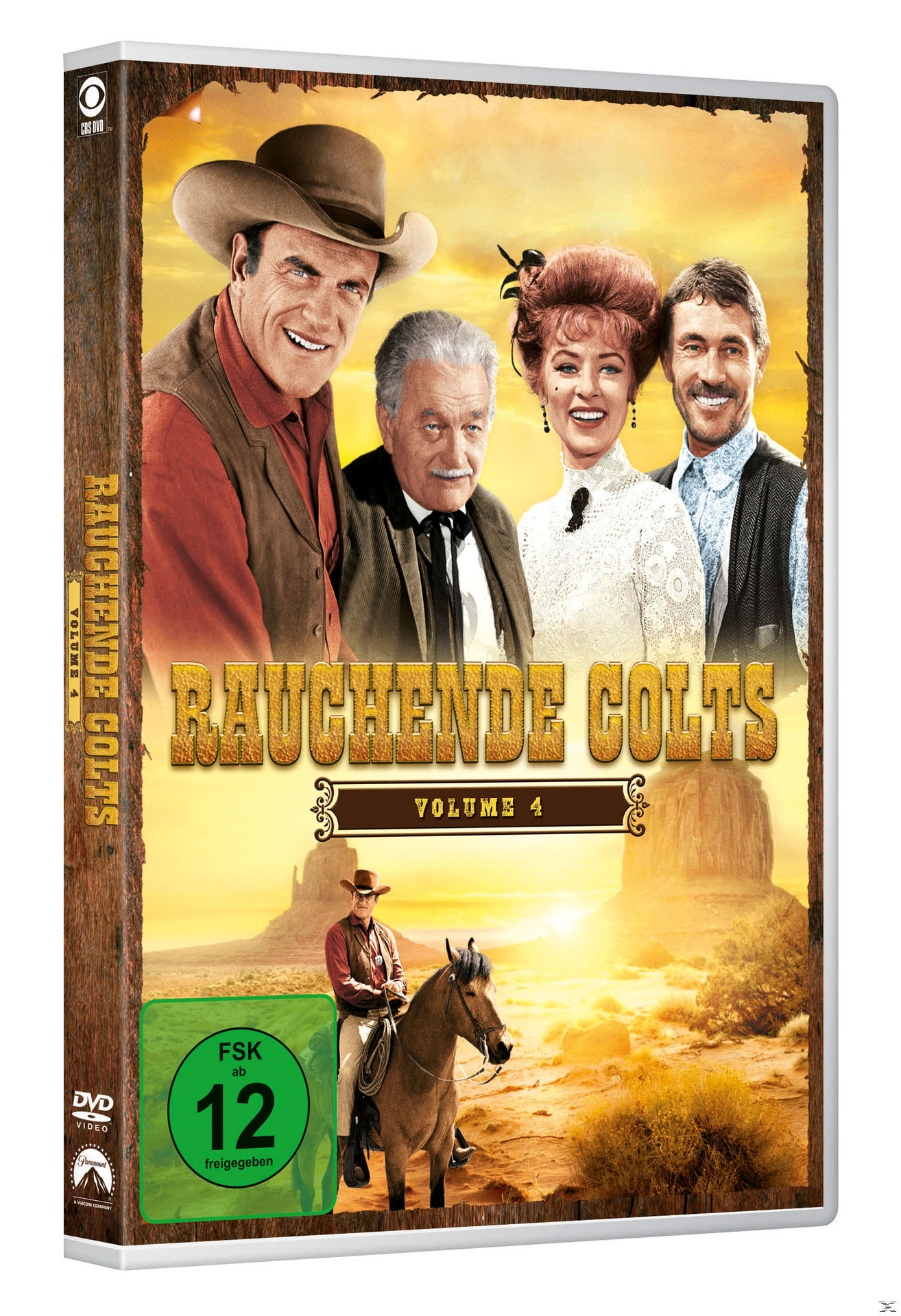 DVD-Cover für Rauchende Colts Vol. 4 mit vier Schauspielern. Ein Cowboy reitet im Hintergrund auf einem Pferd.