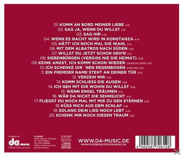 CD-Rückseite mit Titelliste, rotem Hintergrund und Logos von DA Music und QR Records.