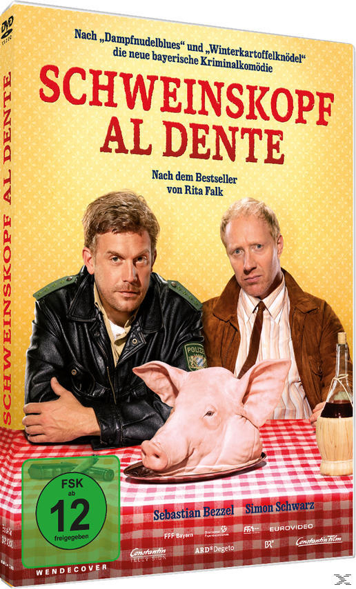 DVD-Cover eines deutschen Films mit zwei Männern, einem Schwein und einer Weinflasche.