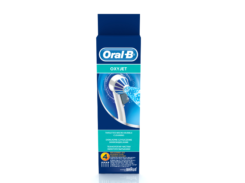 Oral-B Oxyjet fogkefe fej doboz, kék-fehér színvilággal. 4 fejet tartalmaz.