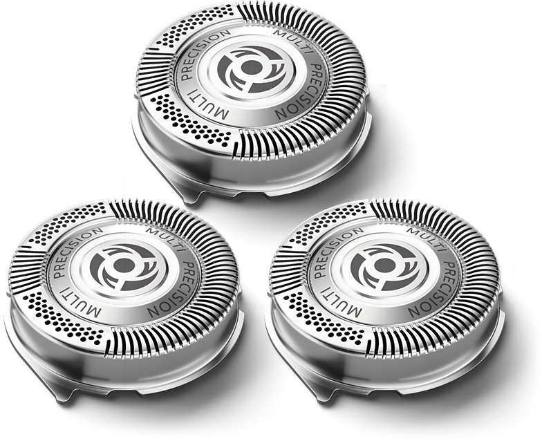 Three Philips multi-precision shaver heads, white background, detailed view.