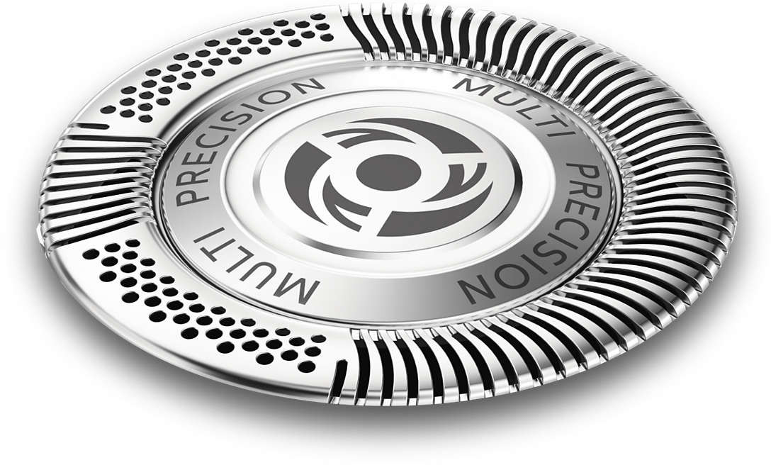 A close-up of a metallic razor head with a circular design and the words 'Multi Precision' on it.